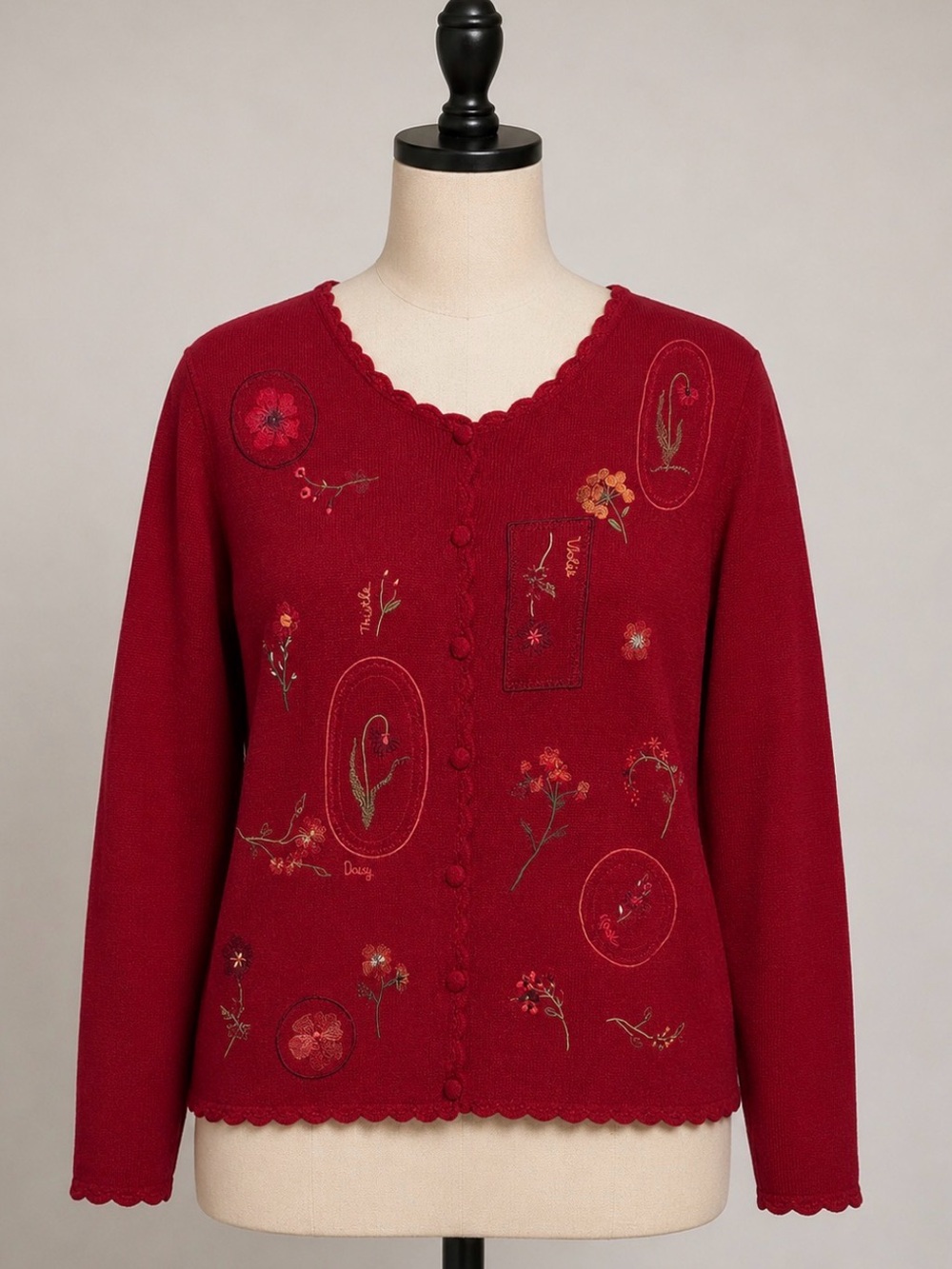 Vintage Size Medium Red Floral Embroidered Long Sleeve Cardigan Sweater
